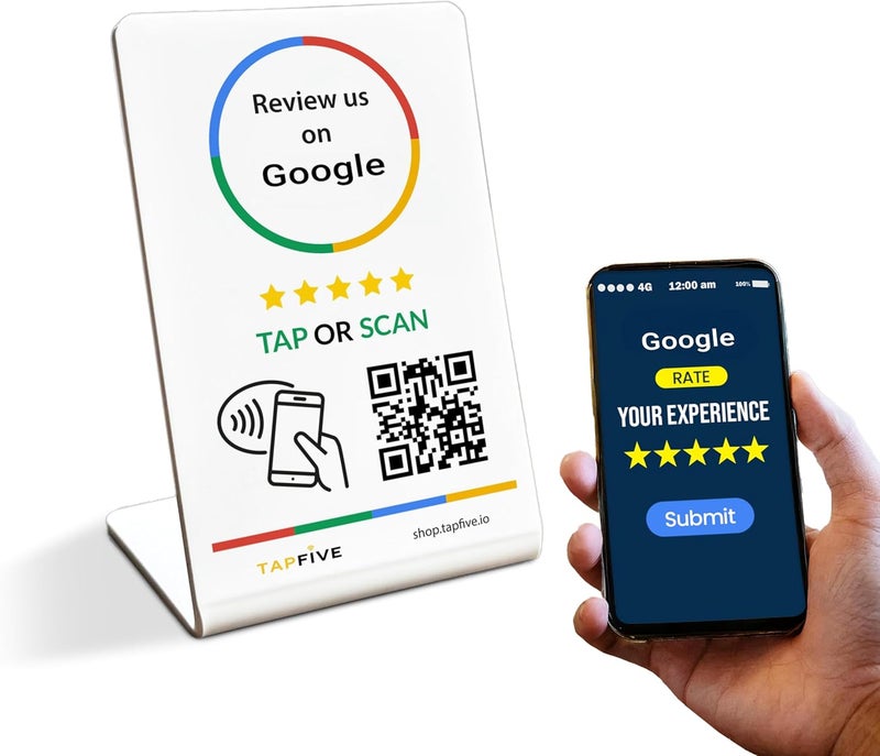 TapFive Tap Google Review Stand Tap for Instant Reviews - All Phones Compatible - Reusable Smart Tap NFC & QR - Boost Business Reviews Zappy Fast - Powered (White, 1 Stand) - Image 1
